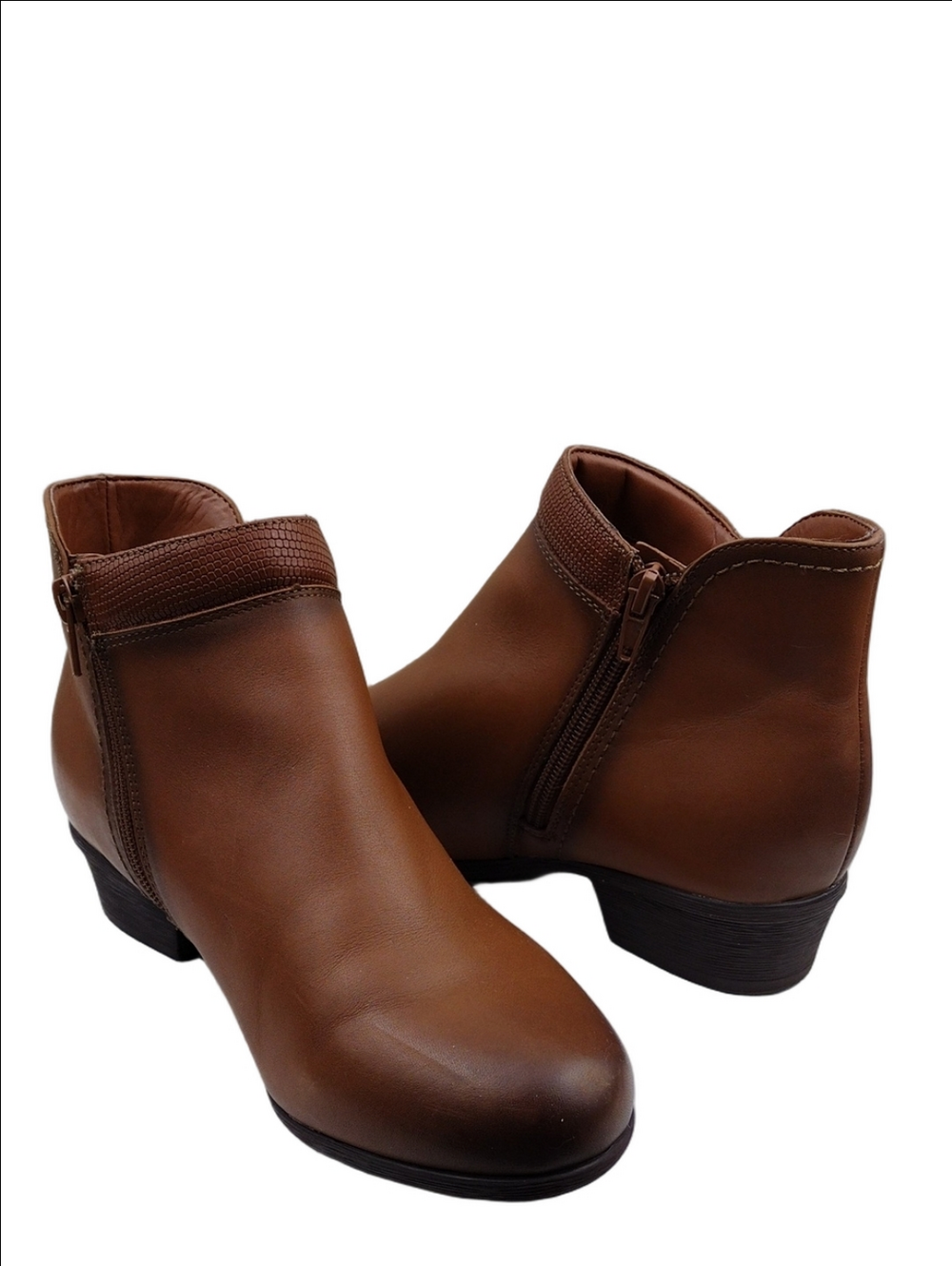 Rockport Carly Brown Leather Snakeskin Trim Almond Toe Side Zip Low Heel Bootie